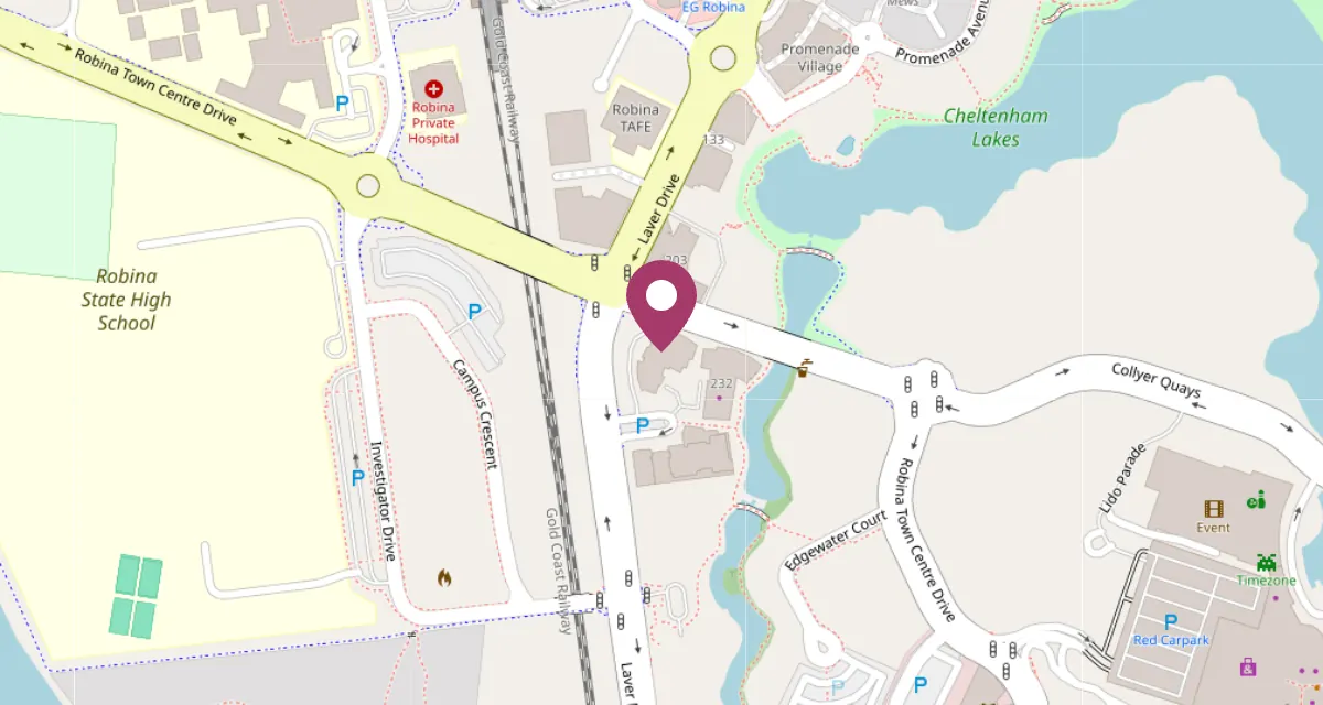 Map of Robina Town Centre with a pin at Riverwalk Place, 238 Robina Town Centre Drive